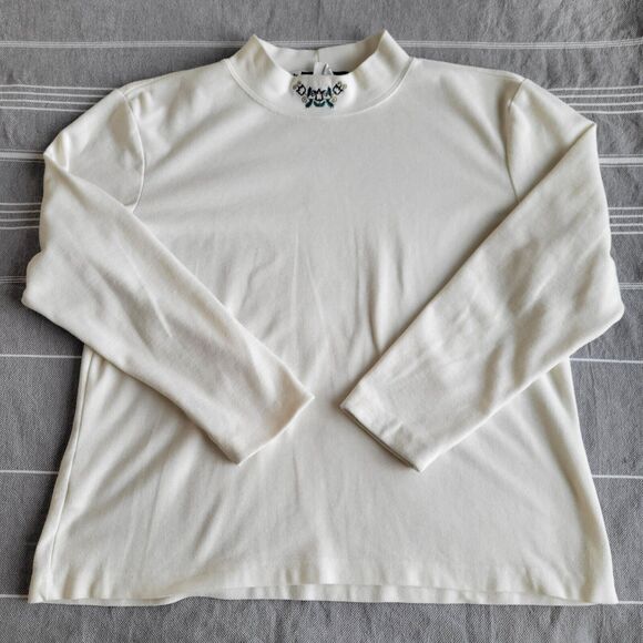 Vintage Off-White Embroidered Mock Neck Size L Tulip Cotton Blend USA Flowers - Picture 1 of 10